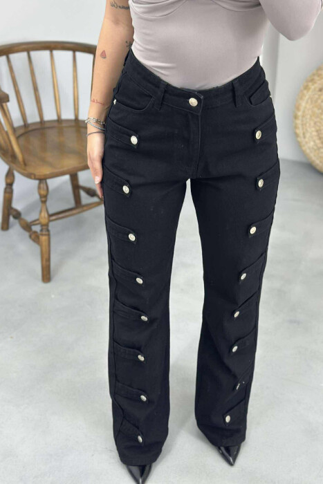 BUTTONS DETAILS ONE COLOR WOMEN JEANS BLACK/ E ZEZE - 4