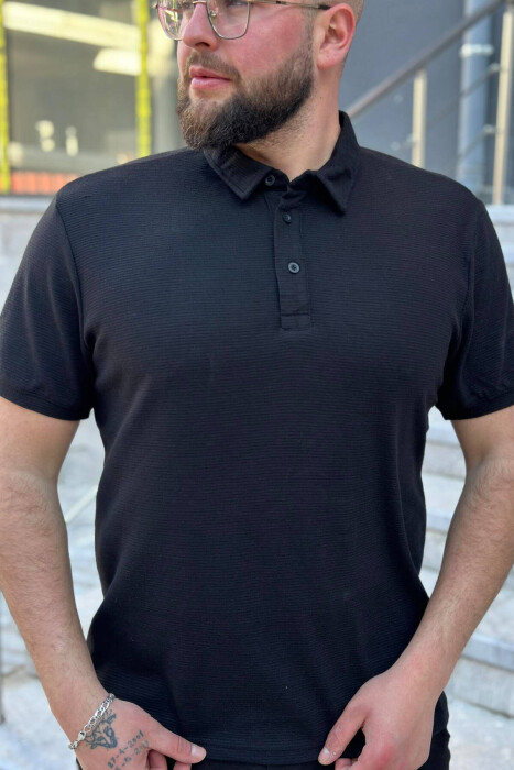 BUTTONS POLO NECK ONE COLOR MEN T-SHIRT BLACK/ E ZEZE 