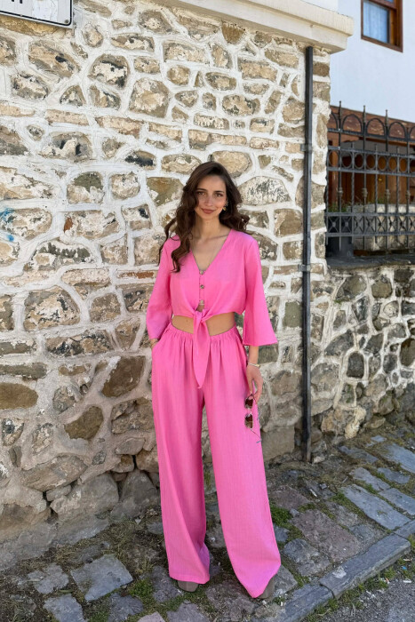  SET KEMISHE ME BUTONA + PANTALLONA PER FEMRA NE NGJYRE ROZE - KLAUDIO FASHION