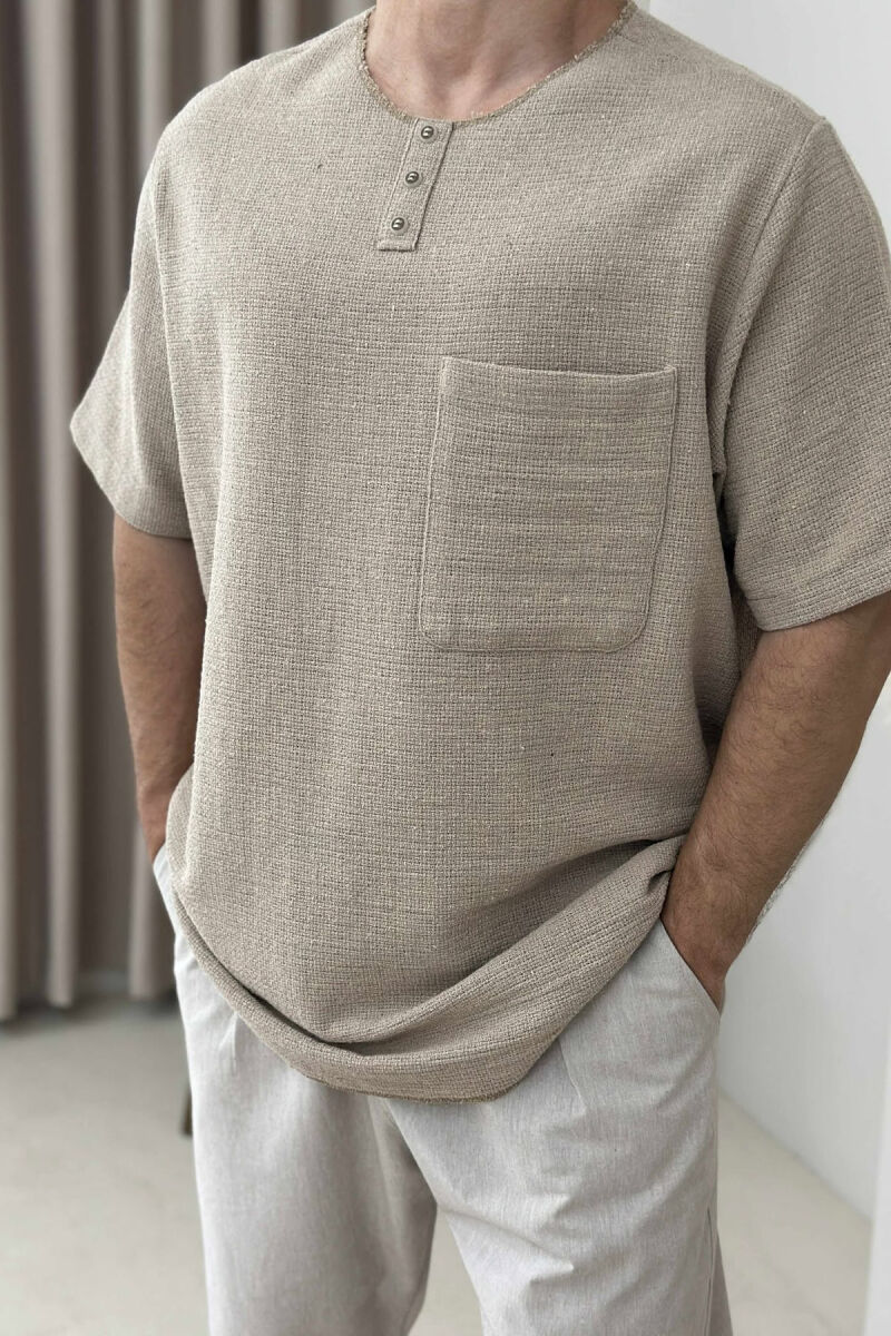 BUTTONS SINGLE POCKET MEN T-SHIRT LIGHT BROWN/KAZB - 2