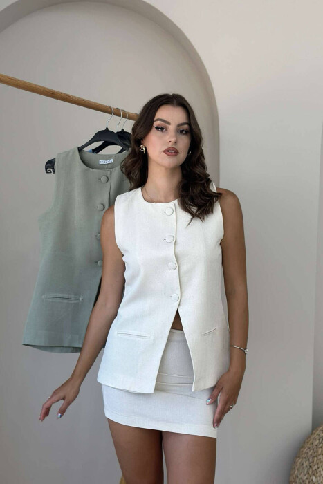 BUTTONS VEST AND SKIRT WOMAN SET CREAM/KREM - 3