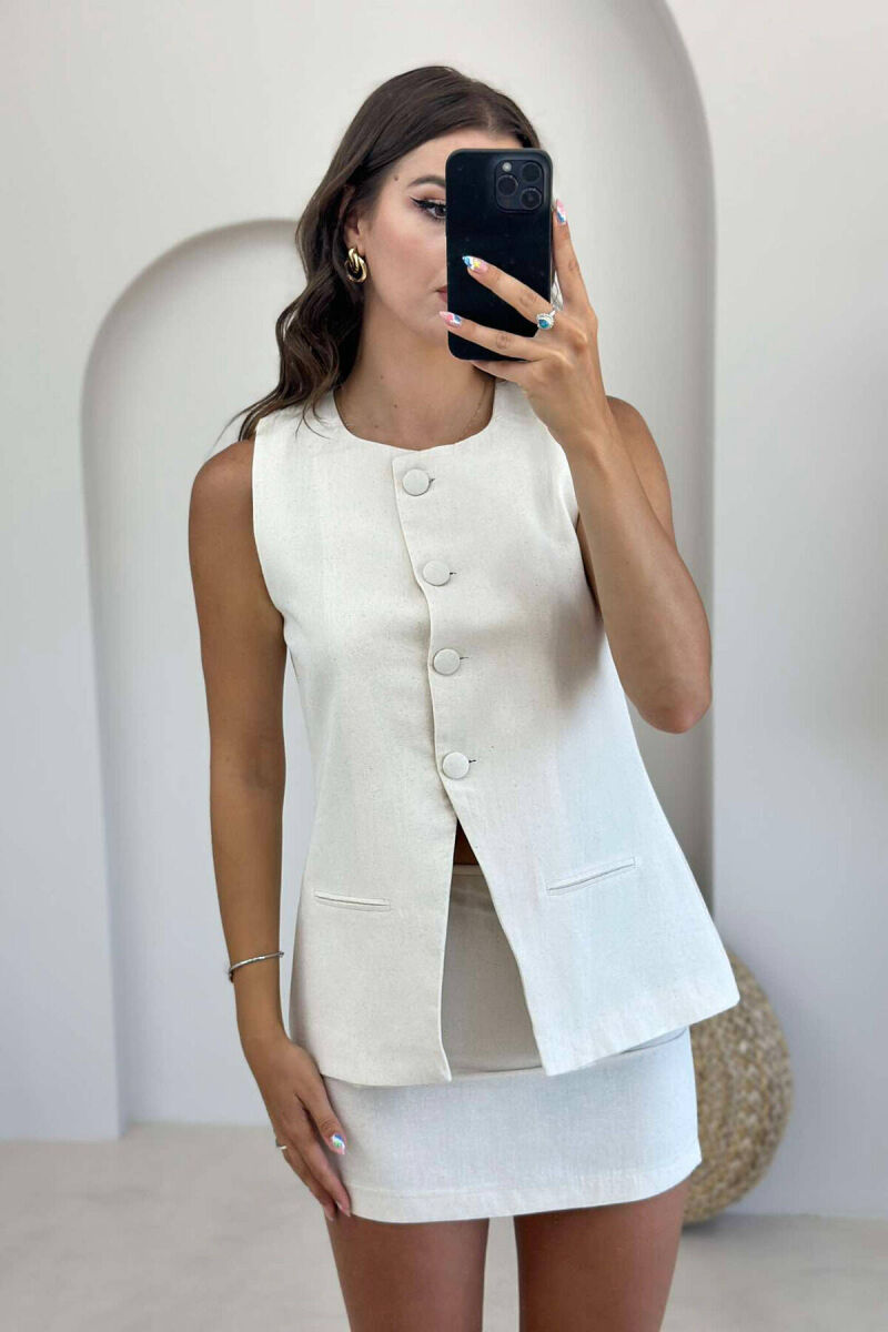 BUTTONS VEST AND SKIRT WOMAN SET CREAM/KREM - 4
