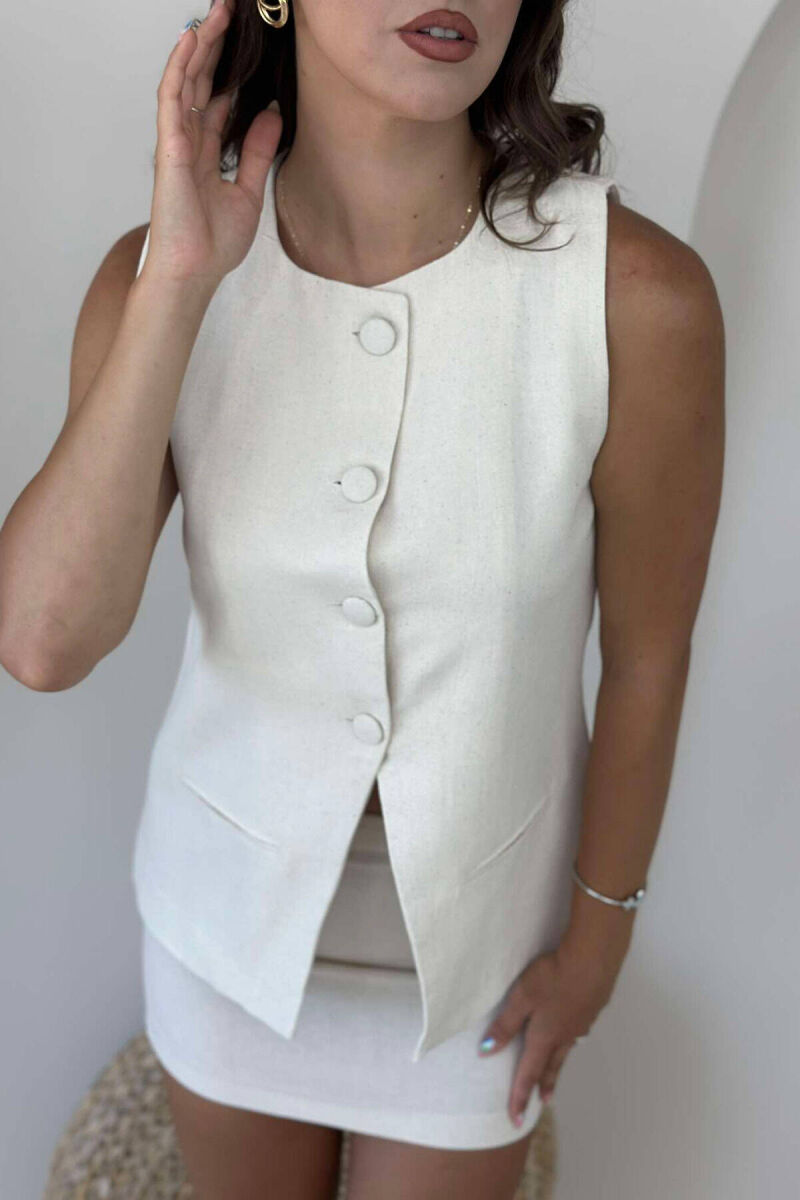 BUTTONS VEST AND SKIRT WOMAN SET CREAM/KREM - 5