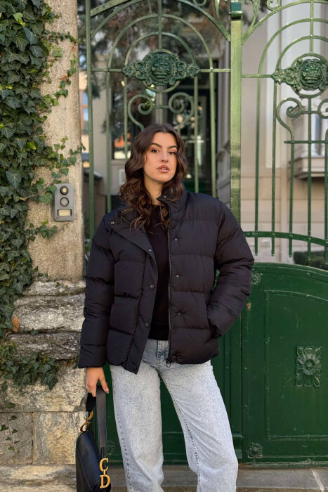 BUTTONS ZIPPER ONE COLOR WOMAN PUFFER JACKET BLACK/ E ZEZE - 1