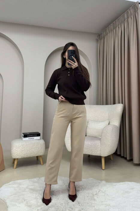 CABLE-KNIT BUTTONED POLO WOMAN SWEATER BROWN/KAFE - 3