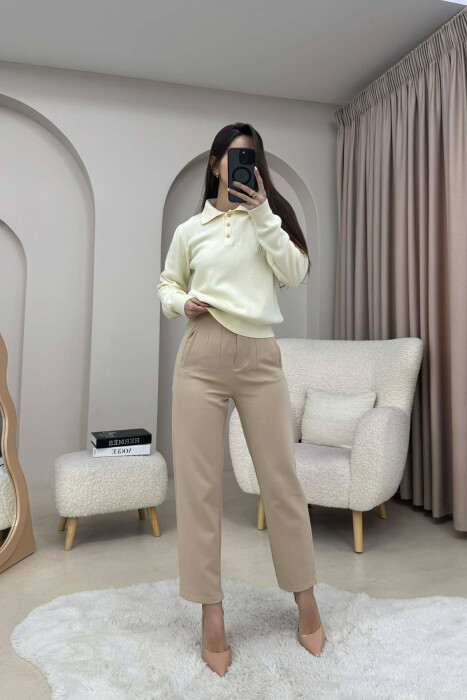 CABLE-KNIT BUTTONED POLO WOMAN SWEATER CREAM/KREM - 2