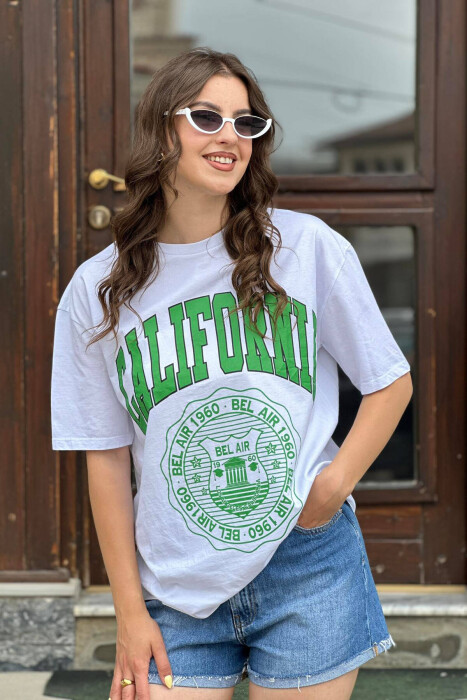 CALIFORNIA COTTON WOMEN T-SHIRT WHITE/GREEN-BAJE 