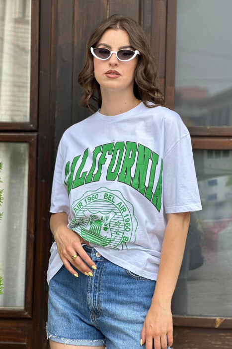 CALIFORNIA COTTON WOMEN T-SHIRT WHITE/GREEN-BAJE - 2