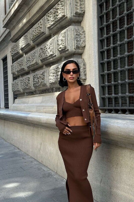 CARDIGAN +TANK+SKIRT ONE COLOR WOMAN SET BROWN/KAFE - 5