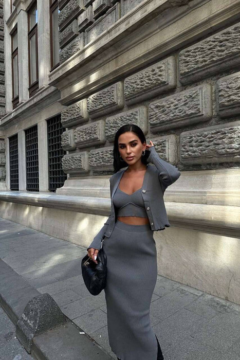 CARDIGAN +TANK+SKIRT ONE COLOR WOMAN SET GREY/GRI - 2