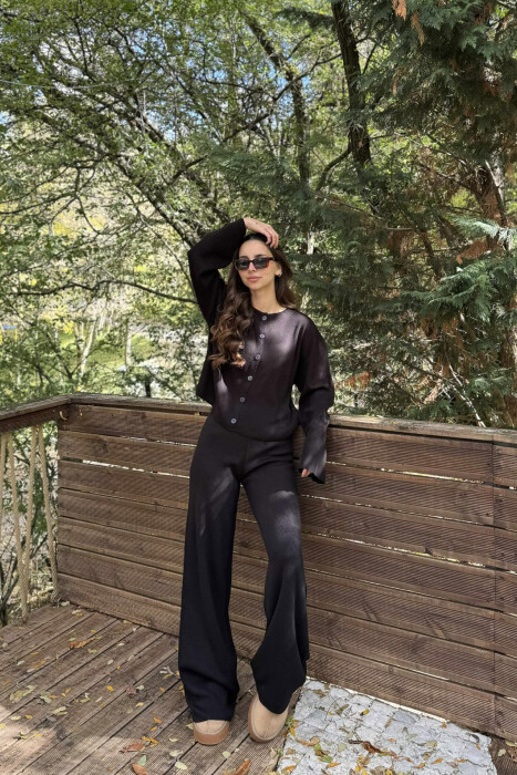 SET NJË NGJYRËSH I THJESHTË PULOVËR+PANTALLONA PËR FEMRA NË NGJYRË TË ZEZË - KLAUDIO FASHION