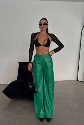 CARGO LEATHER WIDE LEG WOMAN TROUSERS GREEN/JESHILE 