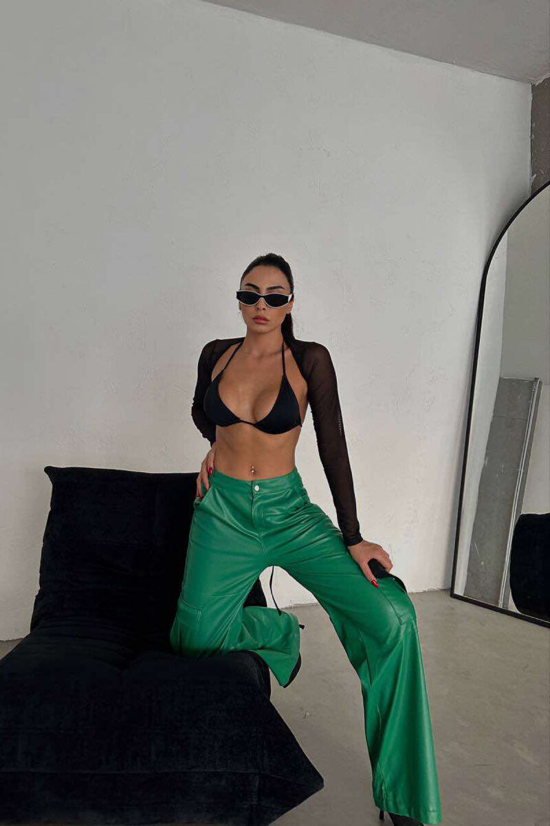 CARGO LEATHER WIDE LEG WOMAN TROUSERS GREEN/JESHILE - 2