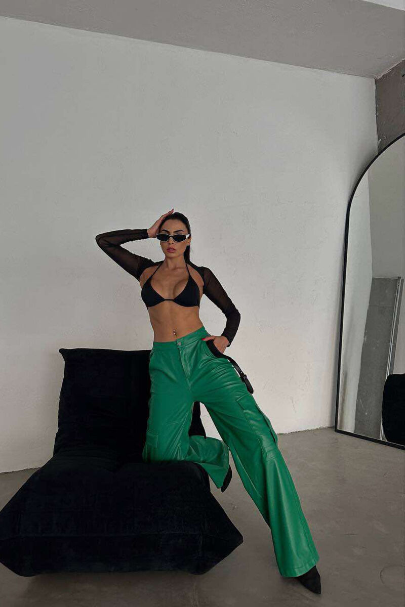 CARGO LEATHER WIDE LEG WOMAN TROUSERS GREEN/JESHILE - 3