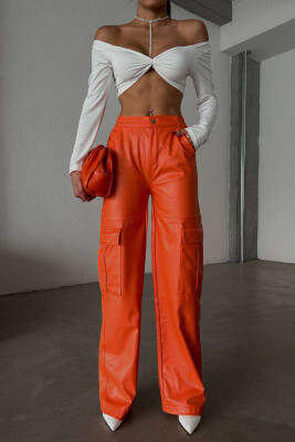 CARGO LEATHER WIDE LEG WOMAN TROUSERS ORANGE/PORTOKALLI 