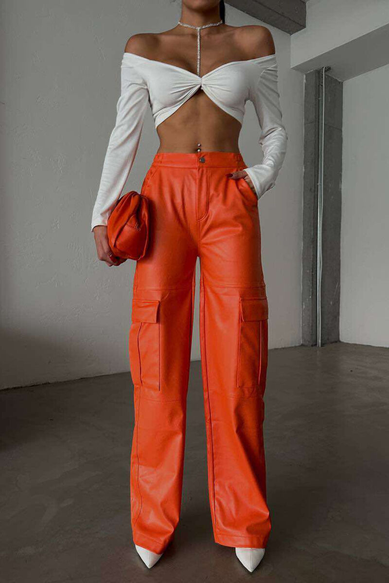 CARGO LEATHER WIDE LEG WOMAN TROUSERS ORANGE/PORTOKALLI - 1