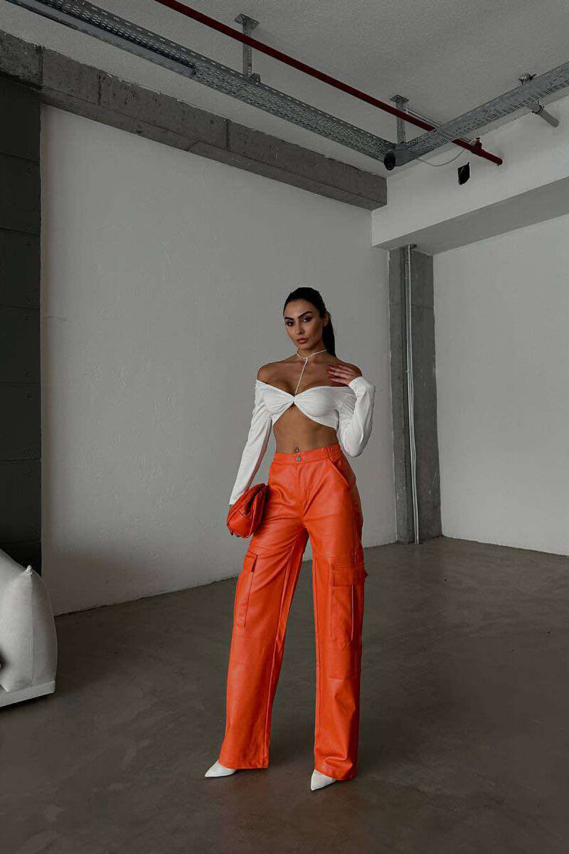 CARGO LEATHER WIDE LEG WOMAN TROUSERS ORANGE/PORTOKALLI - 2