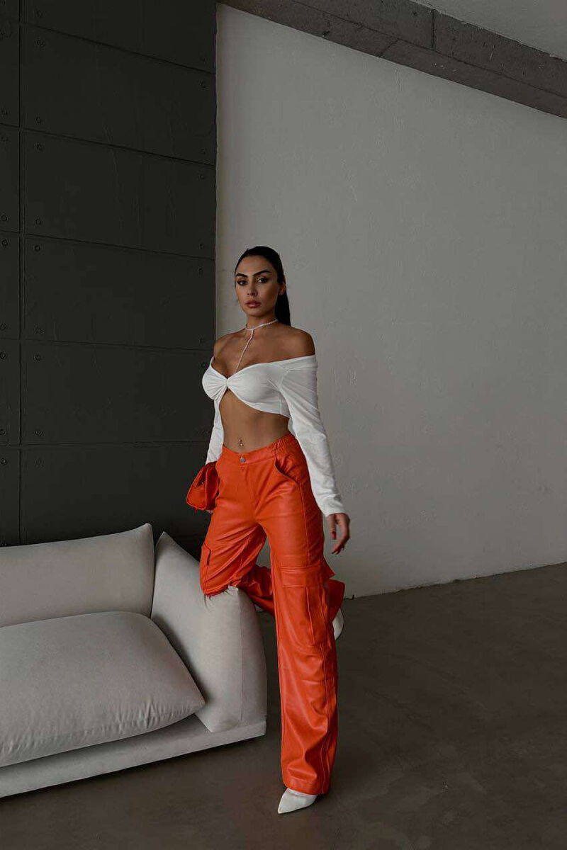 CARGO LEATHER WIDE LEG WOMAN TROUSERS ORANGE/PORTOKALLI - 3