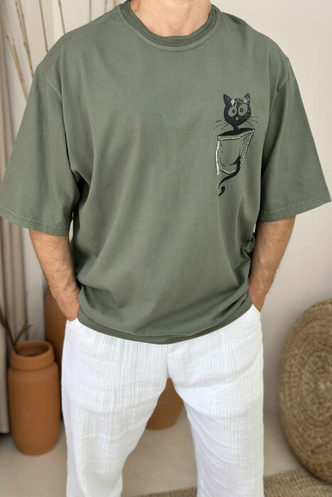 CAT IMAGE SIMPLE MEN T-SHIRT GREEN/JESHILE - 2