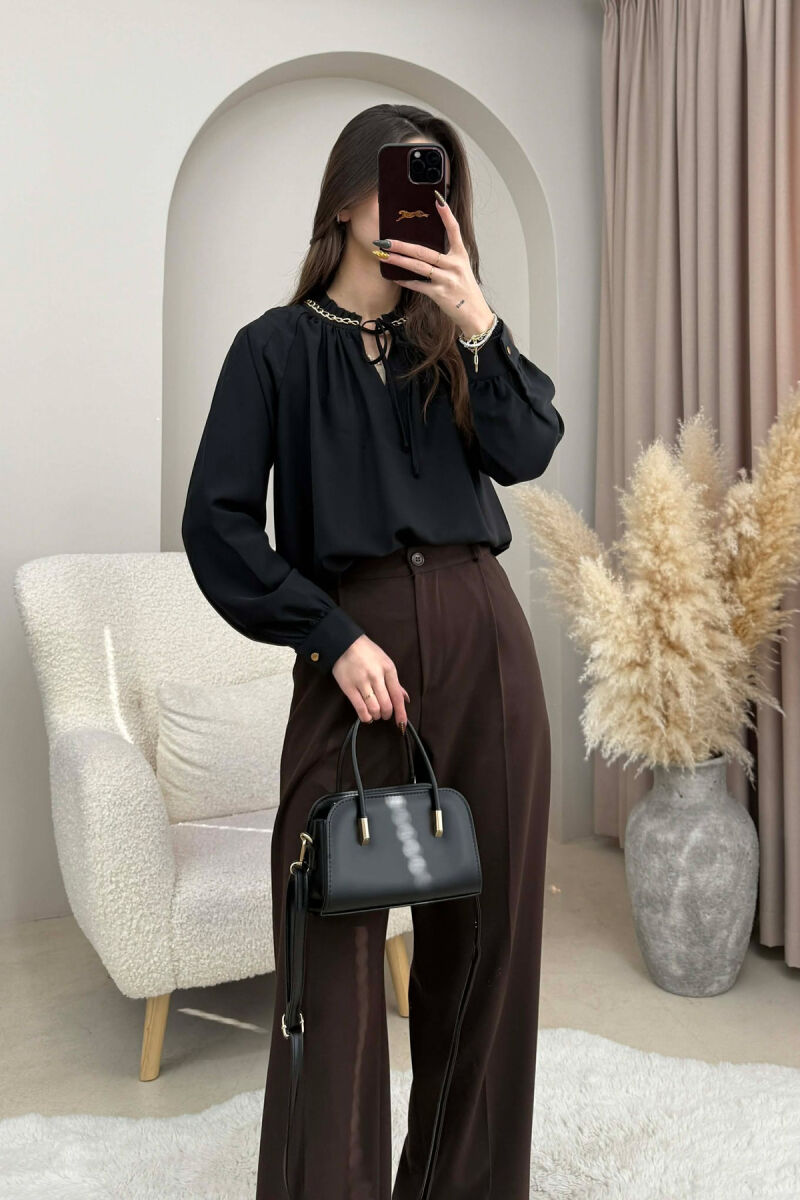 CHAIN DETAIL LACING ONE COLOR WOMEN SHIRT BLACK/ E ZEZE - 2