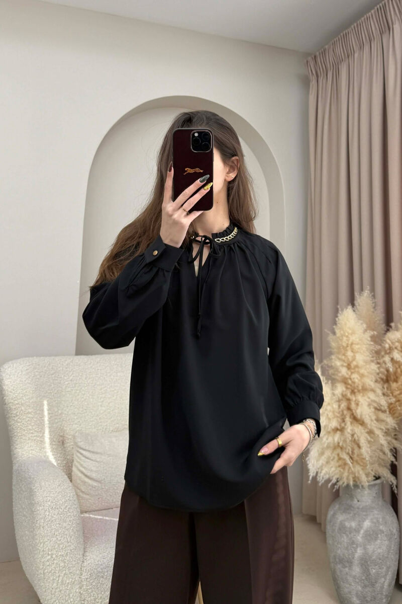 CHAIN DETAIL LACING ONE COLOR WOMEN SHIRT BLACK/ E ZEZE - 3