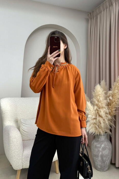 CHAIN DETAIL LACING ONE COLOR WOMEN SHIRT BRICK/TULLE - KLAUDIO FASHION