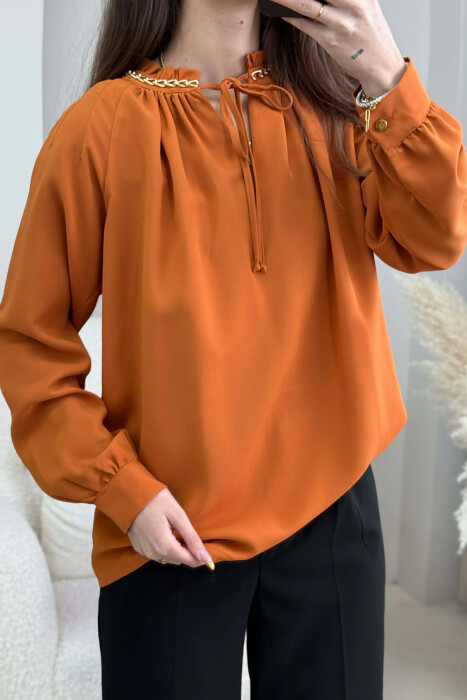 CHAIN DETAIL LACING ONE COLOR WOMEN SHIRT BRICK/TULLE - 4