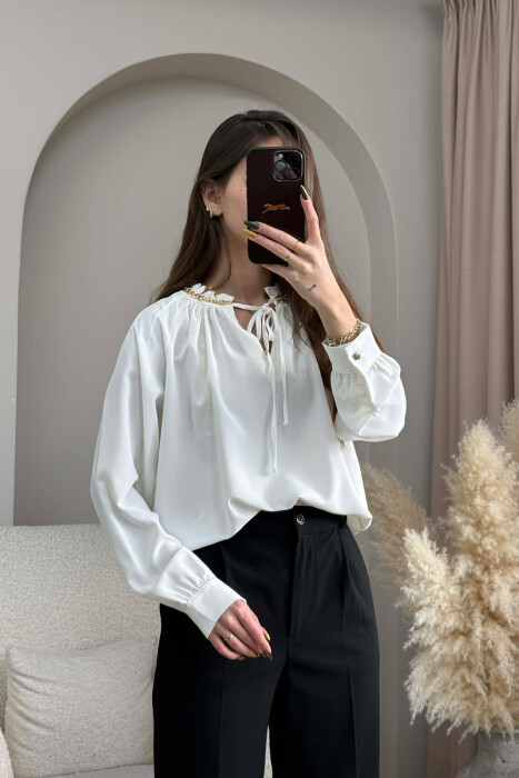 CHAIN DETAIL LACING ONE COLOR WOMEN SHIRT WHITE-E BARDHE 