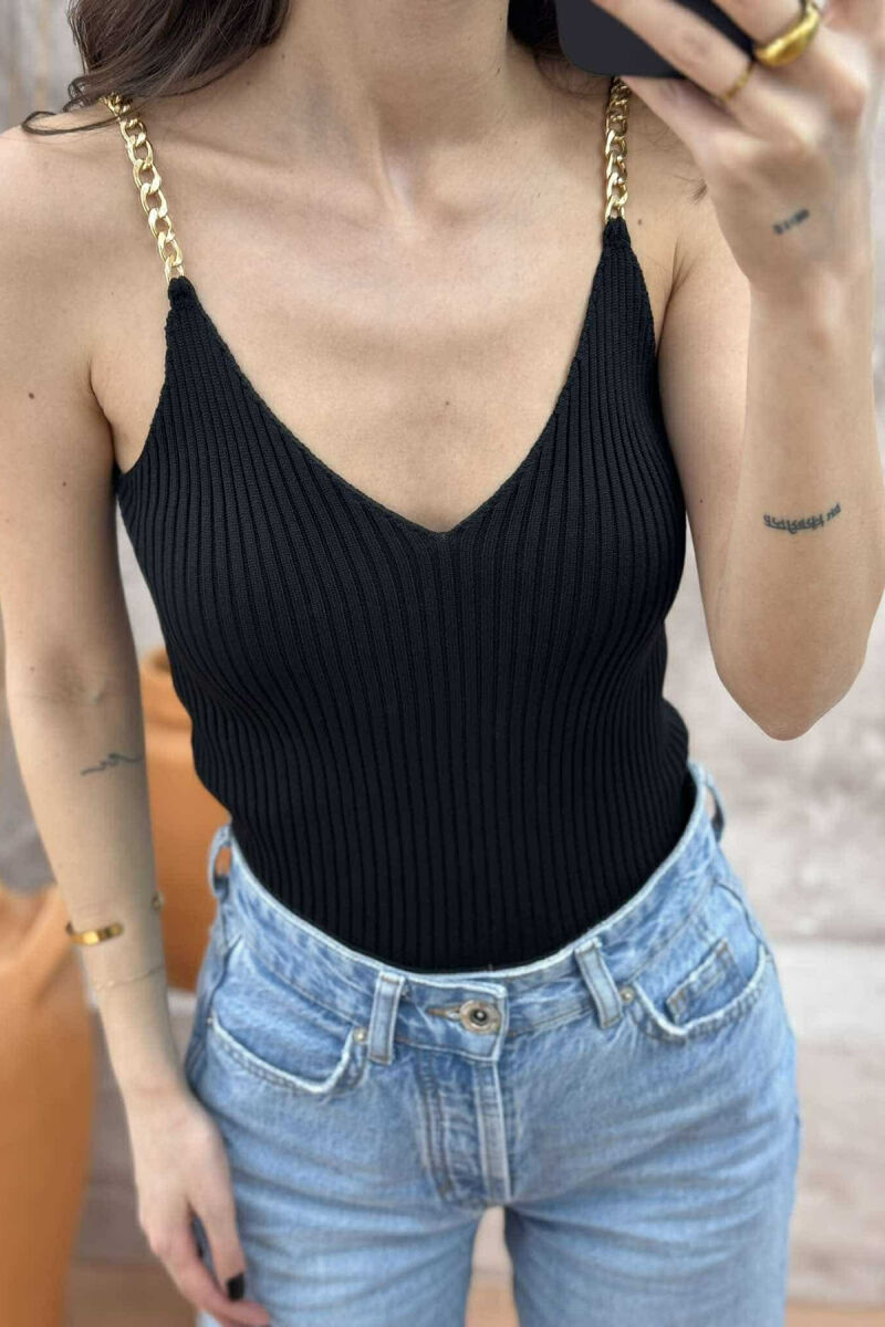 CHAIN DETAIL ONE COLOR WOMEN TANK TOP BLACK/ E ZEZE - 3