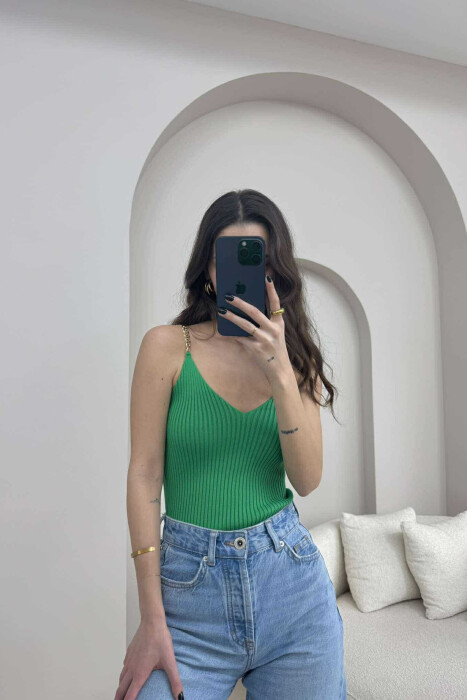 CHAIN DETAIL ONE COLOR WOMEN TANK TOP GREEN/JESHILE 
