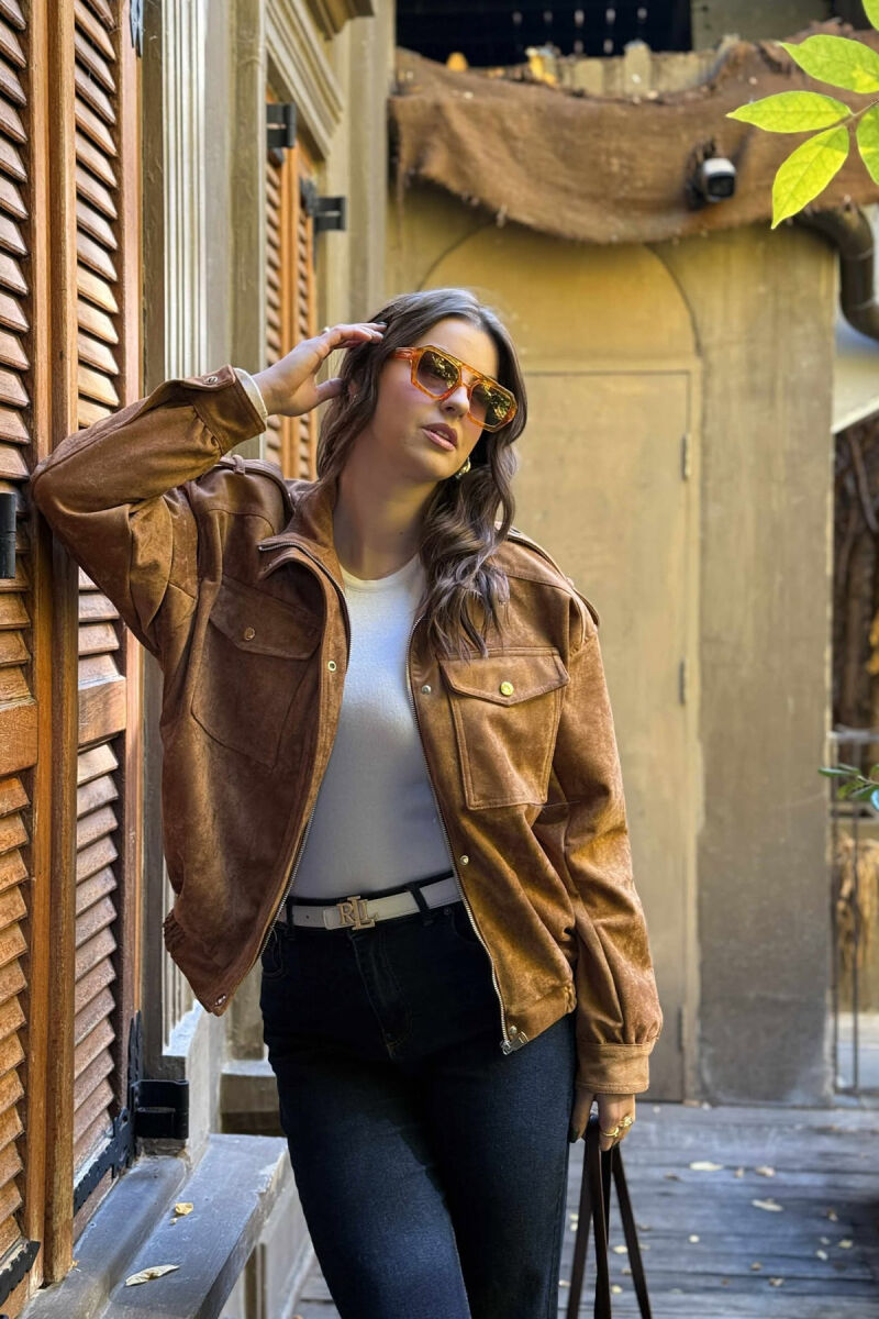 CHAMOIS BUTTONED AND ZIPPER WOMEN JACKET BROWN/KAFE - 4