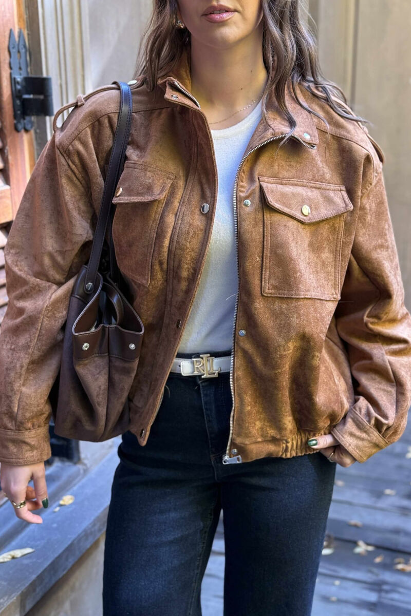 CHAMOIS BUTTONED AND ZIPPER WOMEN JACKET BROWN/KAFE - 1