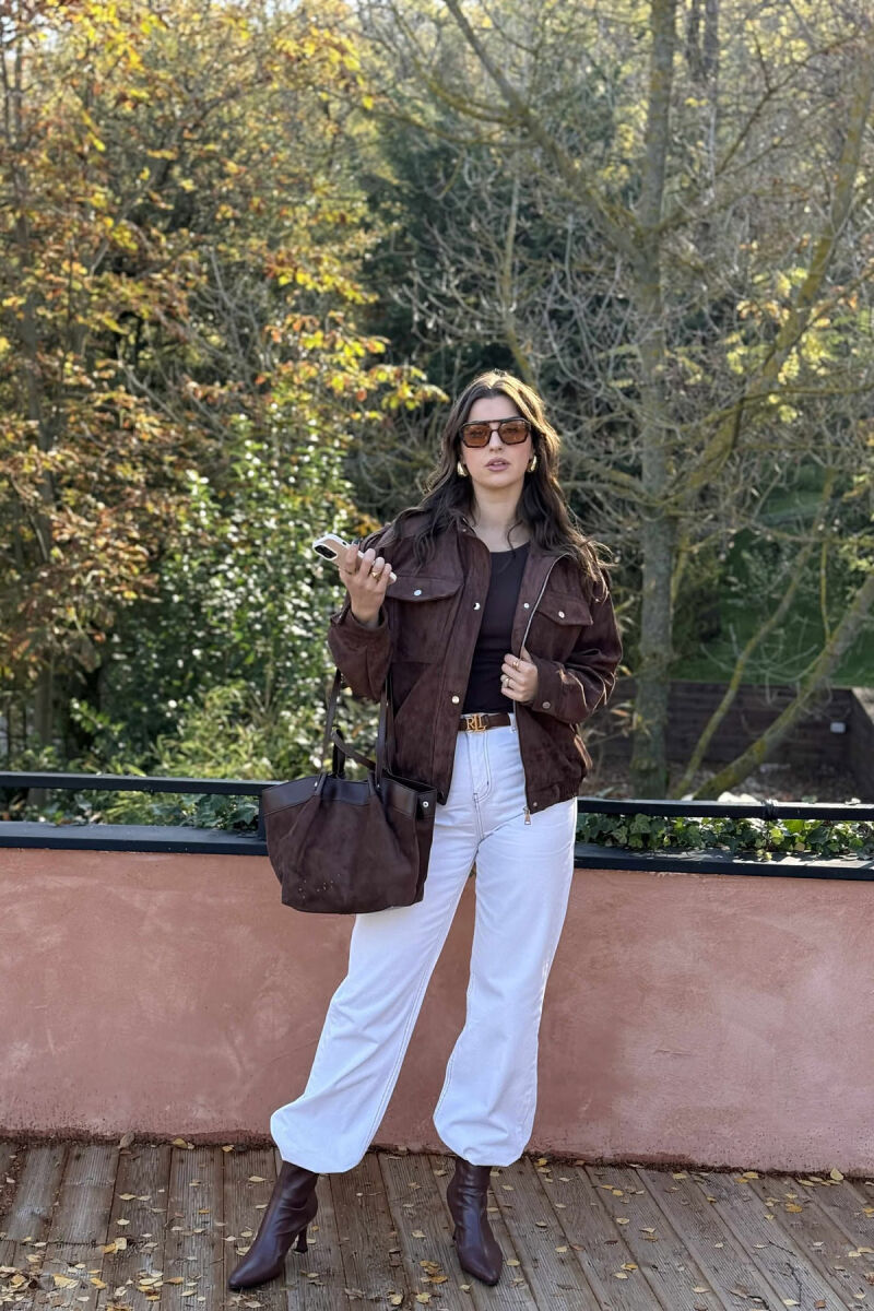 CHAMOIS BUTTONED AND ZIPPER WOMEN JACKET DARK BROWN/KAE - 5