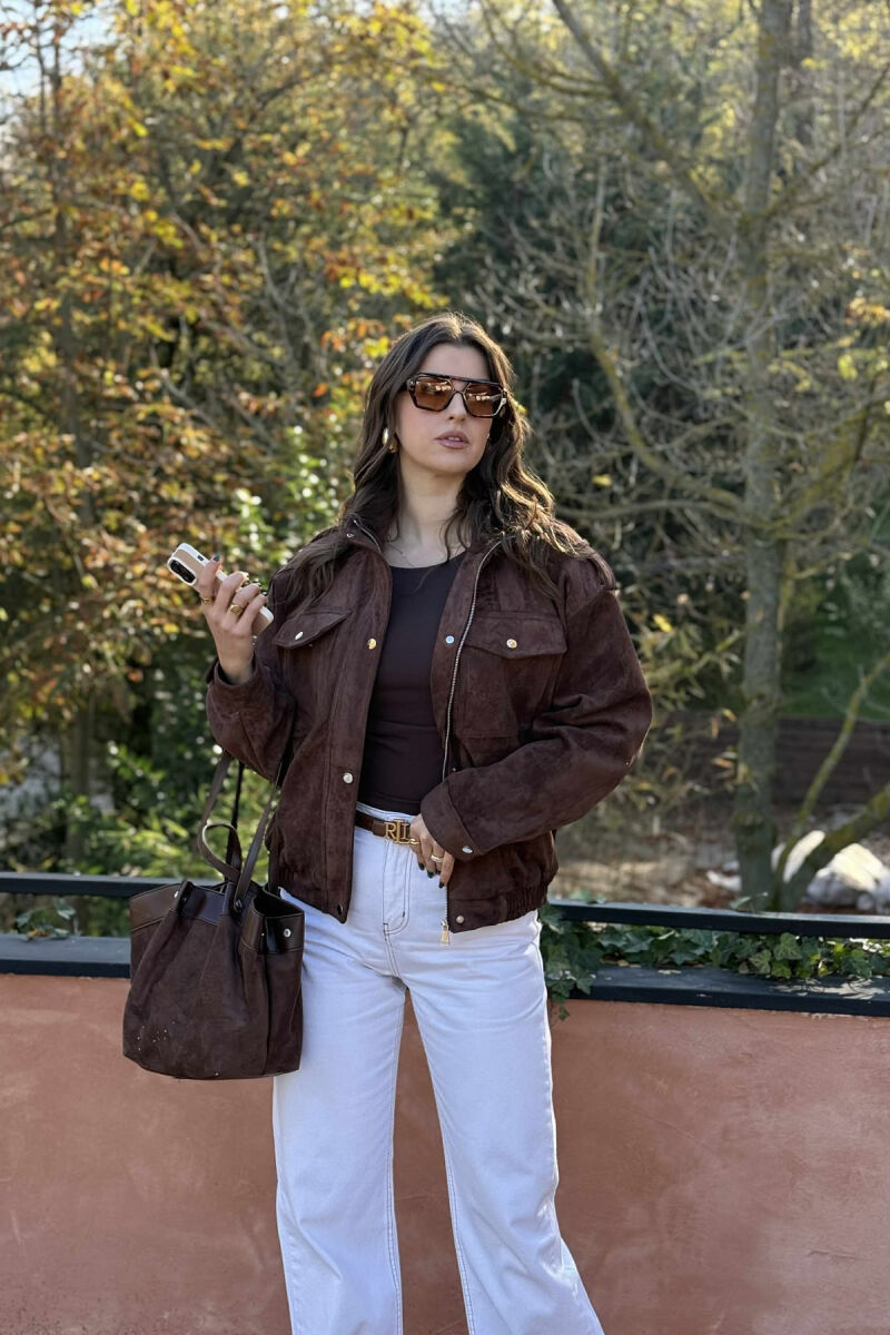 CHAMOIS BUTTONED AND ZIPPER WOMEN JACKET DARK BROWN/KAE - 7