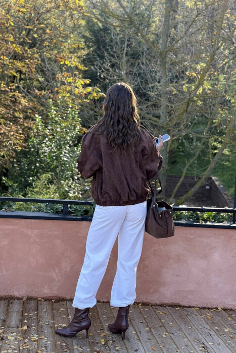 CHAMOIS BUTTONED AND ZIPPER WOMEN JACKET DARK BROWN/KAE - 8