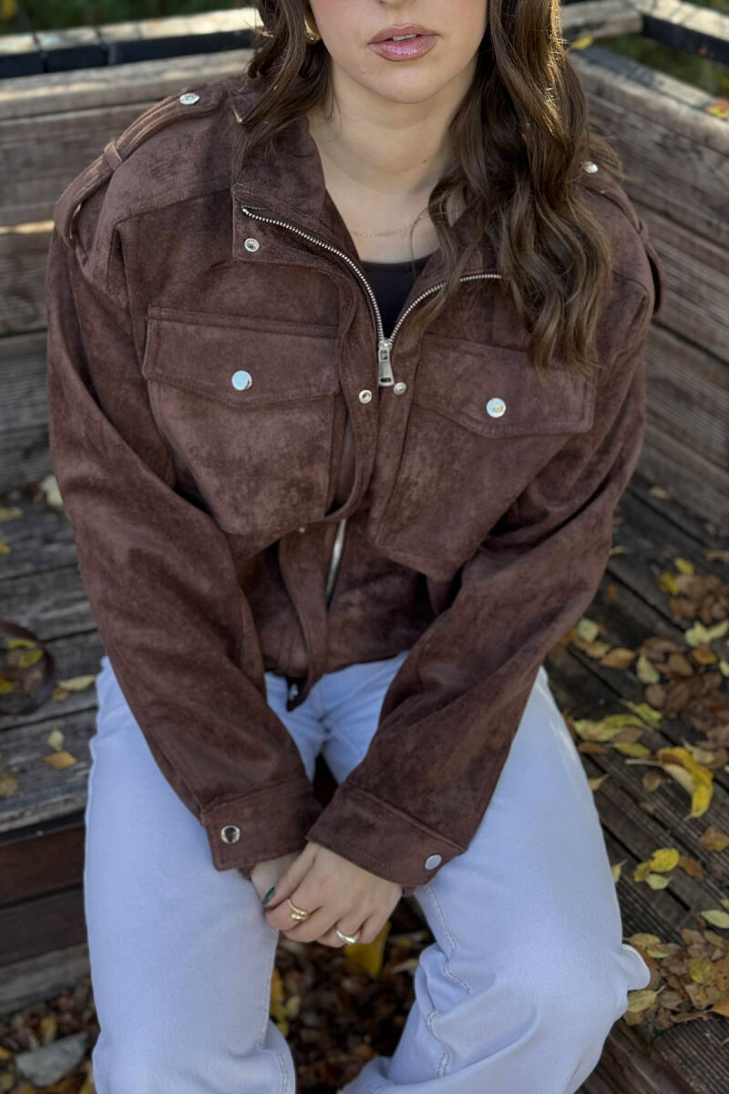 CHAMOIS BUTTONED AND ZIPPER WOMEN JACKET DARK BROWN/KAE - 1