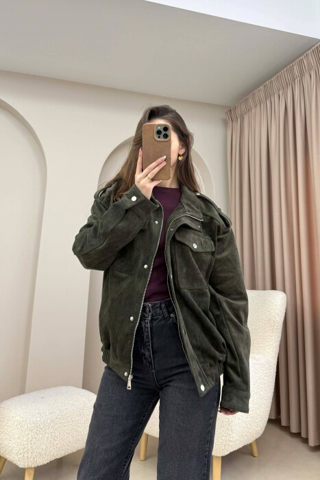 CHAMOIS BUTTONED AND ZIPPER WOMEN JACKET DARK GREEN/JEE - KLAUDIO FASHION