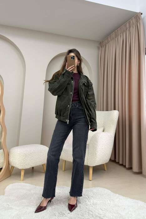 CHAMOIS BUTTONED AND ZIPPER WOMEN JACKET DARK GREEN/JEE - 3