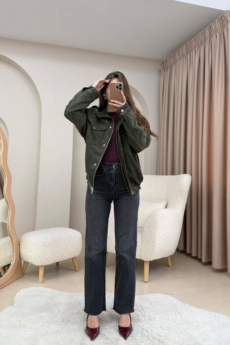 CHAMOIS BUTTONED AND ZIPPER WOMEN JACKET DARK GREEN/JEE - 5