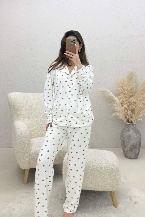 CHERRY DESIGN SHIRT+TROUSERS WOMEN PYJAMAS WHITE-E BARDHE - KLAUDIO FASHION