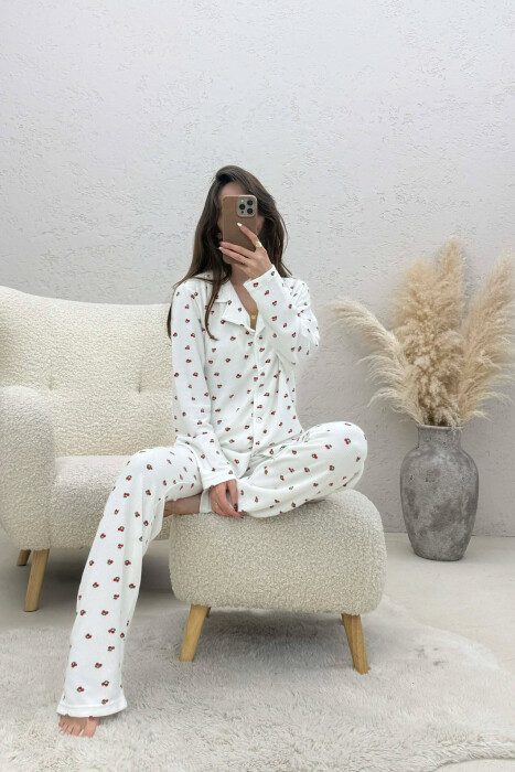 CHERRY DESIGN SHIRT+TROUSERS WOMEN PYJAMAS WHITE-E BARDHE - 5
