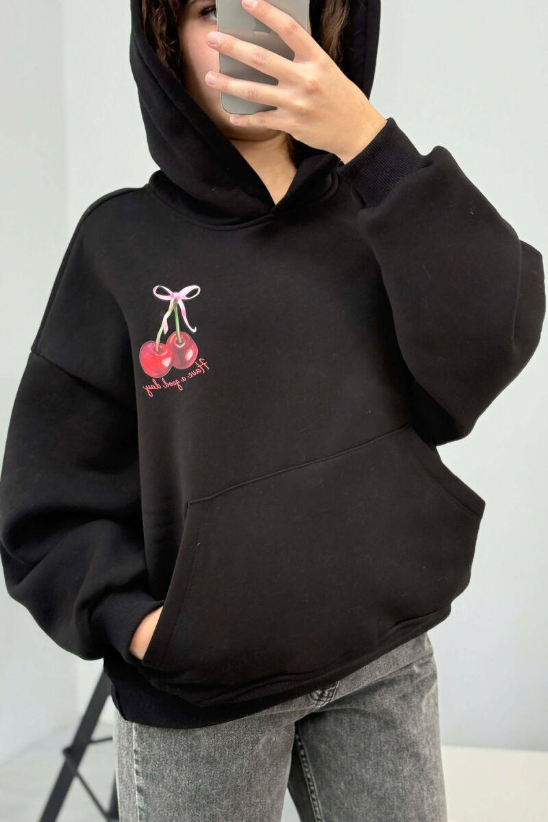 CHERRY LOGO FRONT& BACK DESIGN WOMEN HOODIE BLACK/ E ZEZE - 4