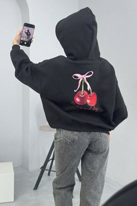 CHERRY LOGO FRONT& BACK DESIGN WOMEN HOODIE BLACK/ E ZEZE - 5