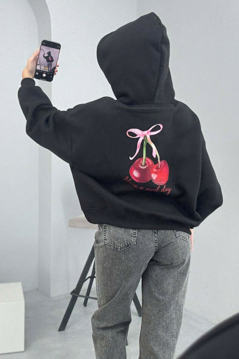 CHERRY LOGO FRONT& BACK DESIGN WOMEN HOODIE BLACK/ E ZEZE - 5