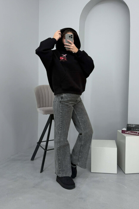 CHERRY LOGO FRONT& BACK DESIGN WOMEN HOODIE BLACK/ E ZEZE 