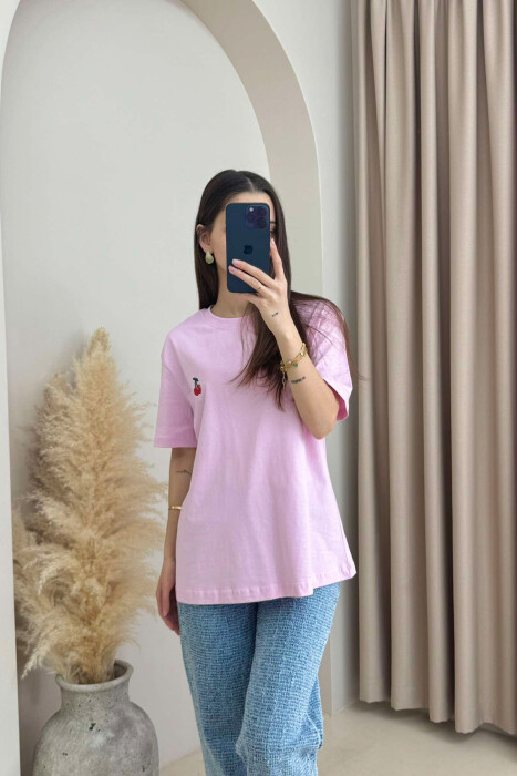 CHERRY LOGO ONE COLOR ROUND NECK WOMEN T-SHIRT PINK/ROZE - 3