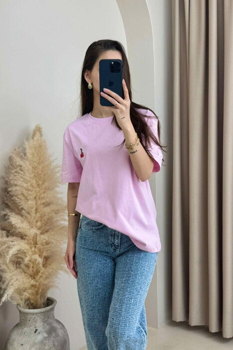 CHERRY LOGO ONE COLOR ROUND NECK WOMEN T-SHIRT PINK/ROZE - 7