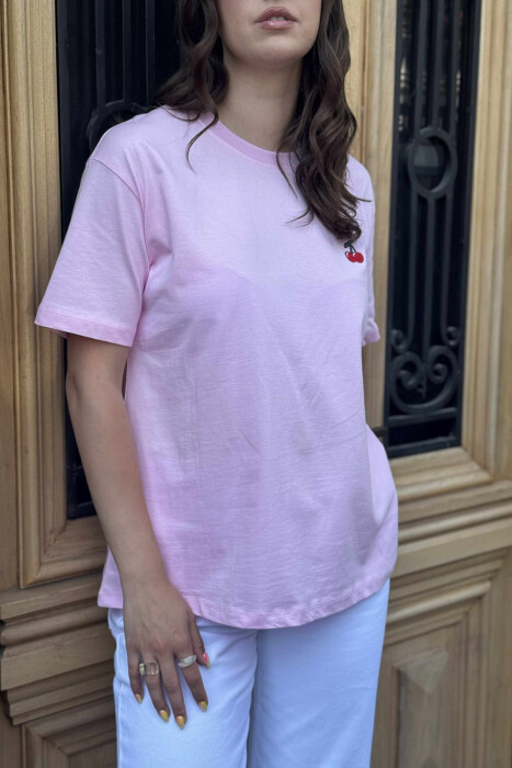 CHERRY LOGO ONE COLOR ROUND NECK WOMEN T-SHIRT PINK/ROZE - 6