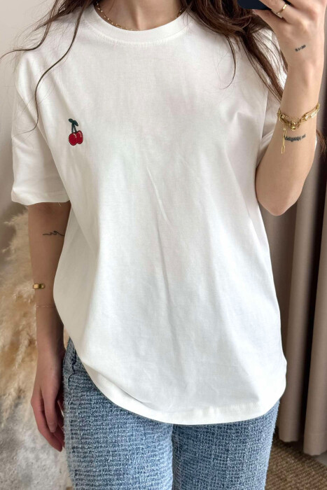 CHERRY LOGO ONE COLOR ROUND NECK WOMEN T-SHIRT WHITE-E BARDHE 