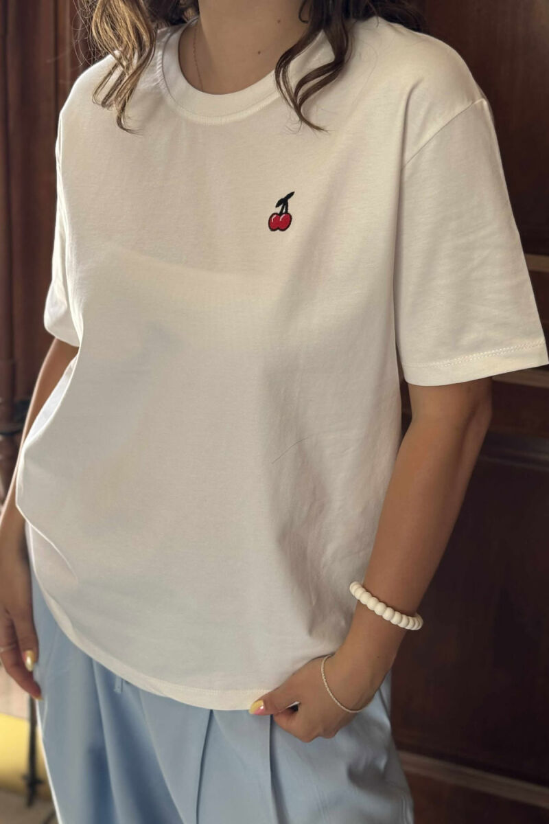 CHERRY LOGO ONE COLOR ROUND NECK WOMEN T-SHIRT WHITE-E BARDHE - 7